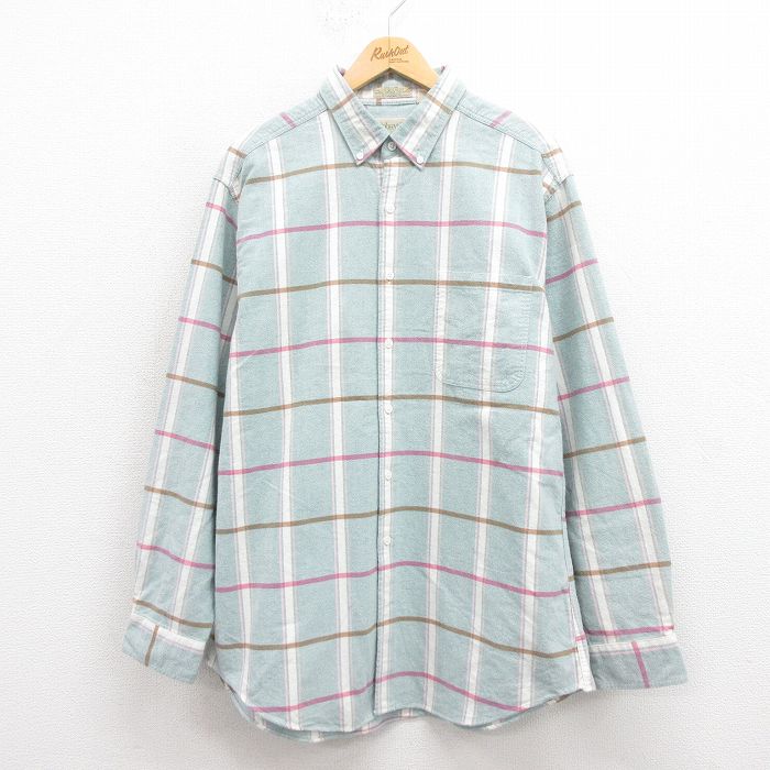 XL★古着 セントジョンズベイ 長袖 シャツ メンズ 90年代 90s ロング丈 コットン ボタンダウン 薄緑 グリーン チェック 【spe】 25oct02 中古 トップス