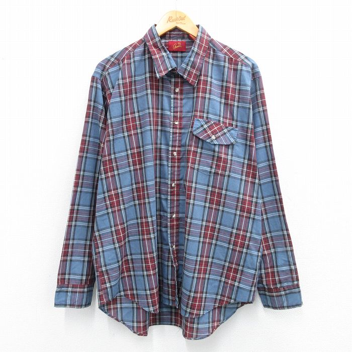 XL★古着 長袖 シャツ メンズ 大きいサイズ 薄紺他 ネイビー チェック 25oct02 中古 トップス