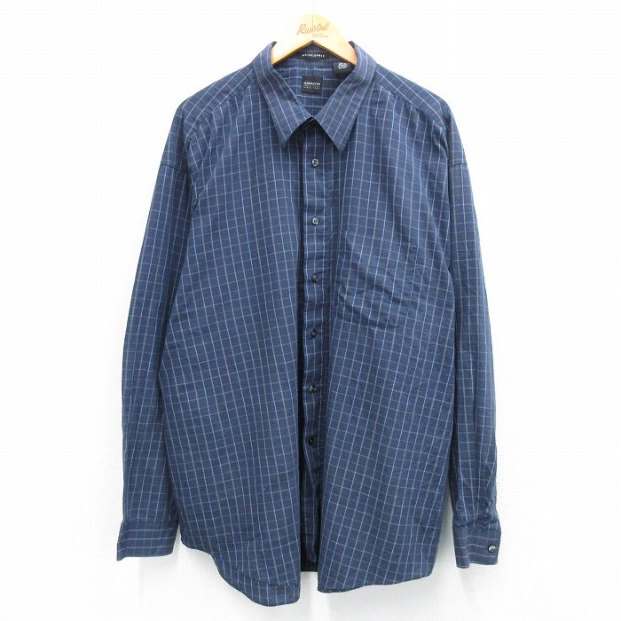 【20%OFF】XL★古着 アロー 長袖 シャツ メンズ 大きいサイズ ロング丈 紺他 ネイビー チェック 25oct02 中古 トップス