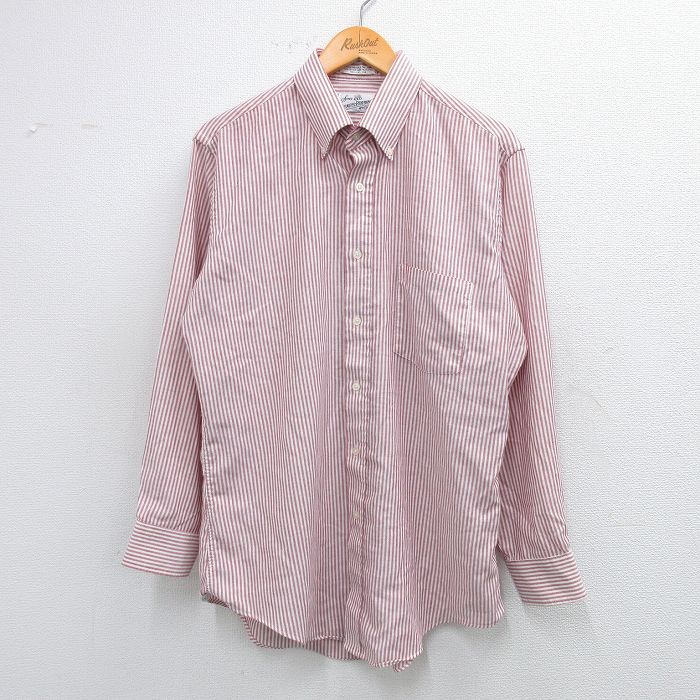 L★古着 シアーズ 長袖 シャツ メンズ 90年代 90s ロング丈 ボタンダウン USA製 エンジ他 ストライプ 25oct02 中古 トップス