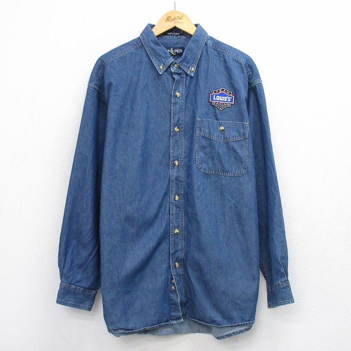 XL★古着 長袖 シャツ メンズ LOWES レーシング 大きいサイズ ロング丈 コットン ボタンダウン 紺 ネイビー デニム 【spe】 25oct03 中古 トップス