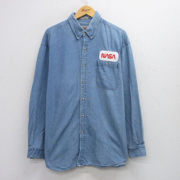 XL★古着 長袖 シャツ メンズ NASA ロング丈 大きいサイズ ボタンダウン 紺 ネイビー デニム 25oct03 中古 トップス