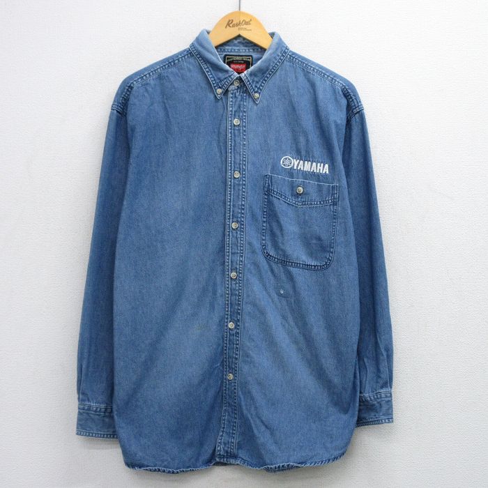 【20%OFF】XL★古着 ラングラー Wrangler 長袖 シャツ メンズ ヤマハ YAMAHA コットン ボタンダウン 紺 ネイビー デニム 25oct08 中古 トップス