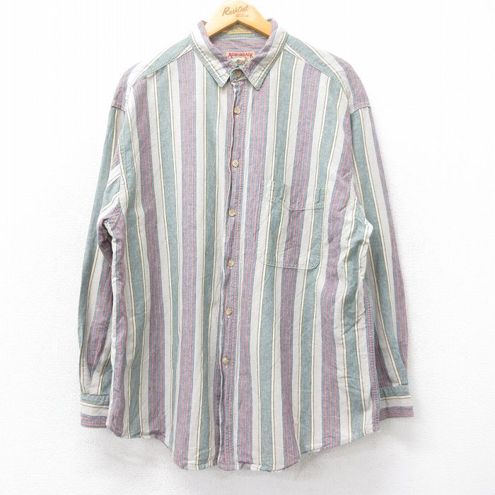 XL★古着 長袖 シャツ メンズ 90年代 90s ロング丈 リネン ベージュ他 カーキ ストライプ 25oct17 中古 トップス