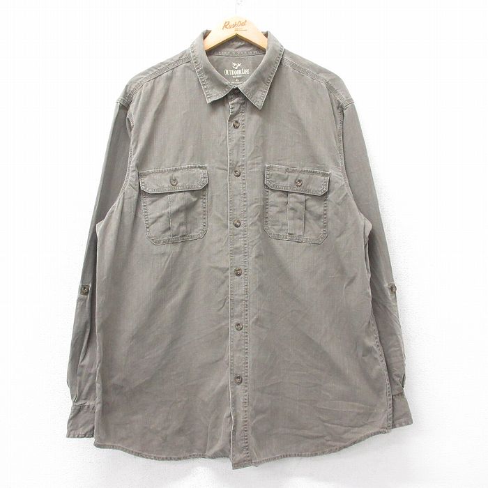 XL★古着 長袖 シャツ メンズ 大きいサイズ ロング丈 コットン 茶 ブラウン 25oct17 中古 トップス