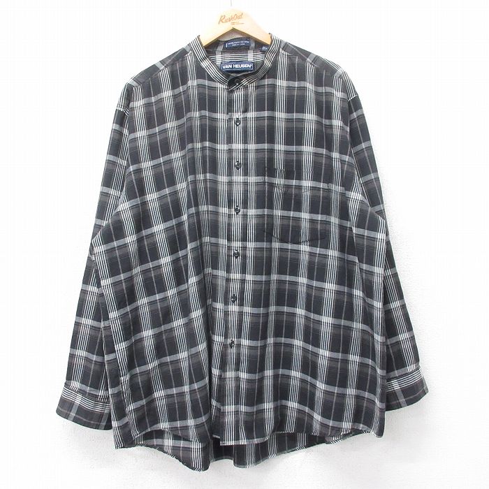 XL★古着 バンヒューセン 長袖 シャツ メンズ 90年代 90s 大きいサイズ ノーカラー 黒他 ブラック チェック 25oct17 中古 トップス