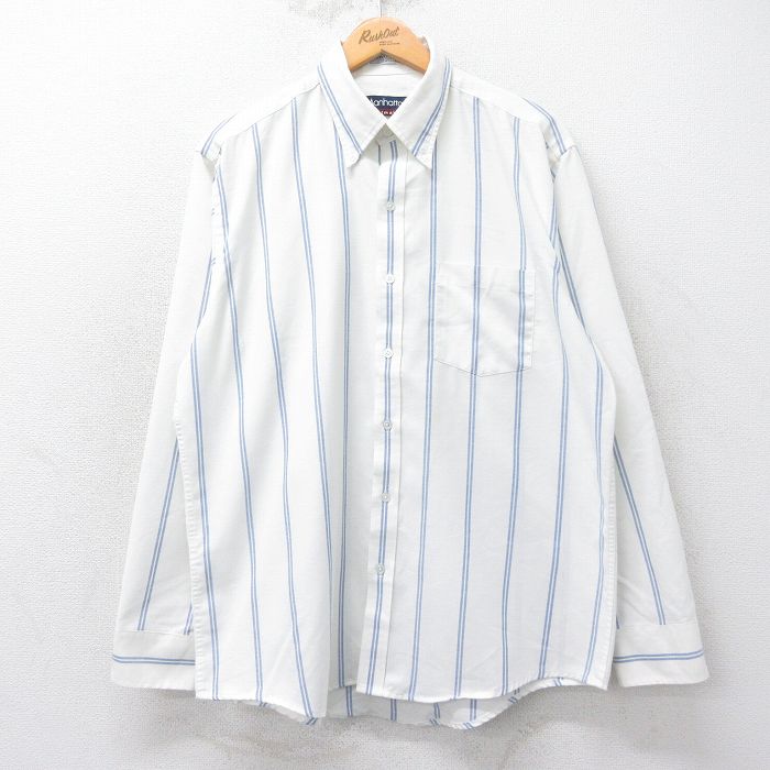 XL★古着 マンハッタン 長袖 シャツ メンズ 90年代 90s ボタンダウン 白他 ホワイト ストライプ 25oct17 中古 トップス
