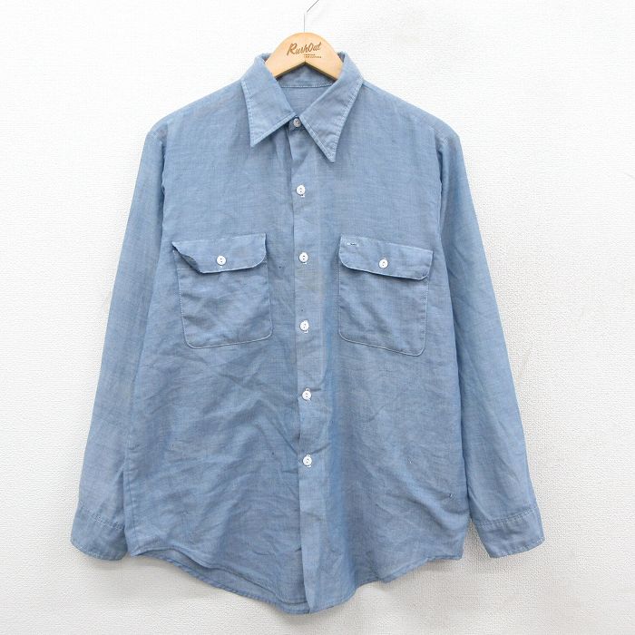 L★古着 長袖 シャンブレー シャツ メンズ 90年代 90s 薄紺 ネイビー 25oct17 中古 トップス