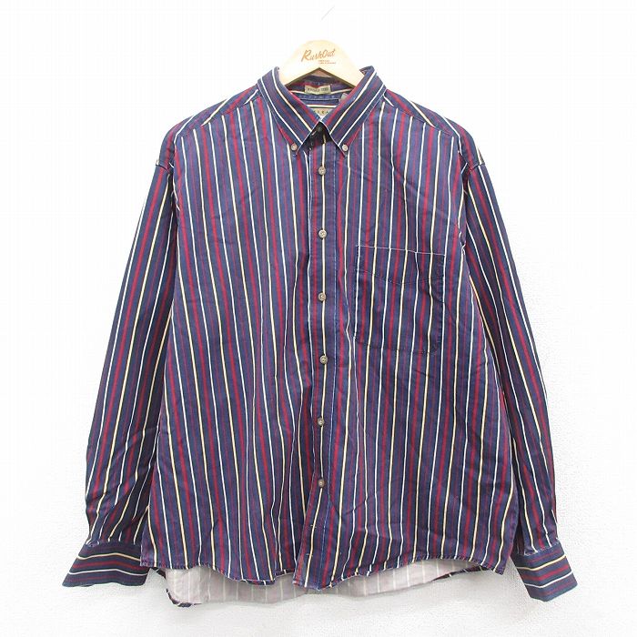 XL★古着 長袖 シャツ メンズ 大きいサイズ コットン ボタンダウン 紺他 ネイビー ストライプ 25oct17 中古 トップス