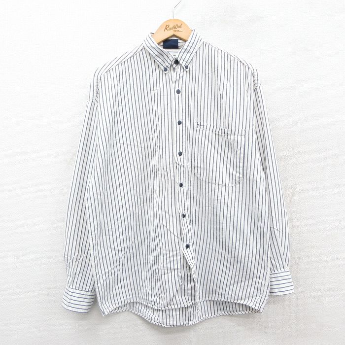 L★古着 長袖 シャツ メンズ 90年代 90s コットン ボタンダウン USA製 白他 ホワイト ストライプ 25oct17 中古 トップス