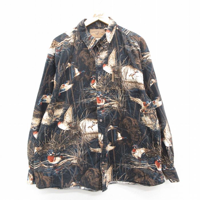 XL★古着 長袖 シャツ メンズ 鳥 犬 黒他 ブラック 【spe】 25oct17 中古 トップス