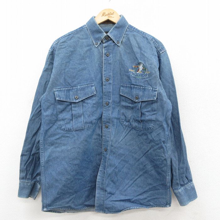 L★古着 BROWNING 長袖 シャツ メンズ 鳥 コットン ボタンダウン 紺 ネイビー デニム 【spe】 25oct18 中古 トップス
