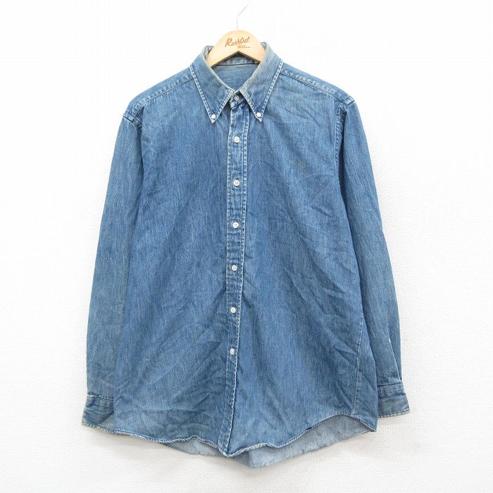 XL★古着 長袖 シャツ メンズ 90年代 90s コットン ボタンダウン USA製 紺 ネイビー デニム 25oct18 中古 トップス