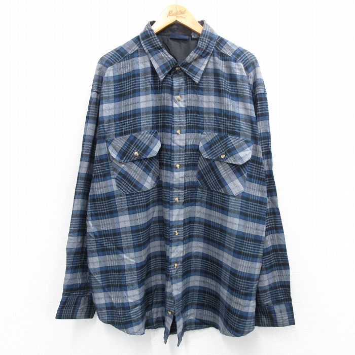 XL★古着 長袖 シャツ メンズ 大きいサイズ ロング丈 グレー他 チェック 25oct21 中古 トップス