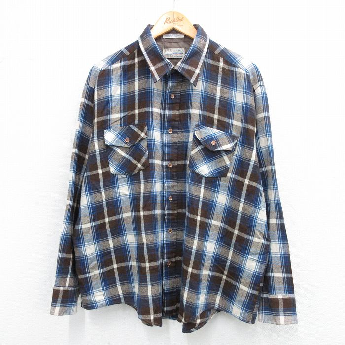 XL★古着 長袖 シャツ メンズ 80年代 80s 大きいサイズ 茶他 ブラウン チェック 25oct21 中古 トップス