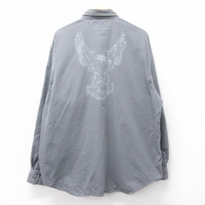 XL★古着 ハーレーダビッドソン Harley Davidson 長袖 シャツ メンズ ビッグロゴ 鳥 大きいサイズ ロング丈 コットン グレー 【spe】 25oct21 中古 トップス