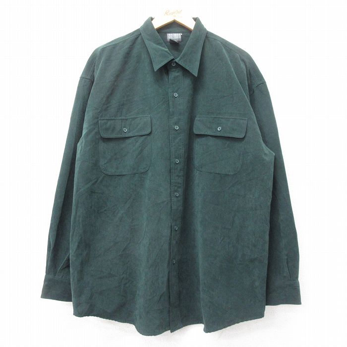 XL★古着 長袖 シャツ メンズ 90年代 90s スエード調 大きいサイズ ロング丈 緑 グリーン 25oct21 中古 トップス