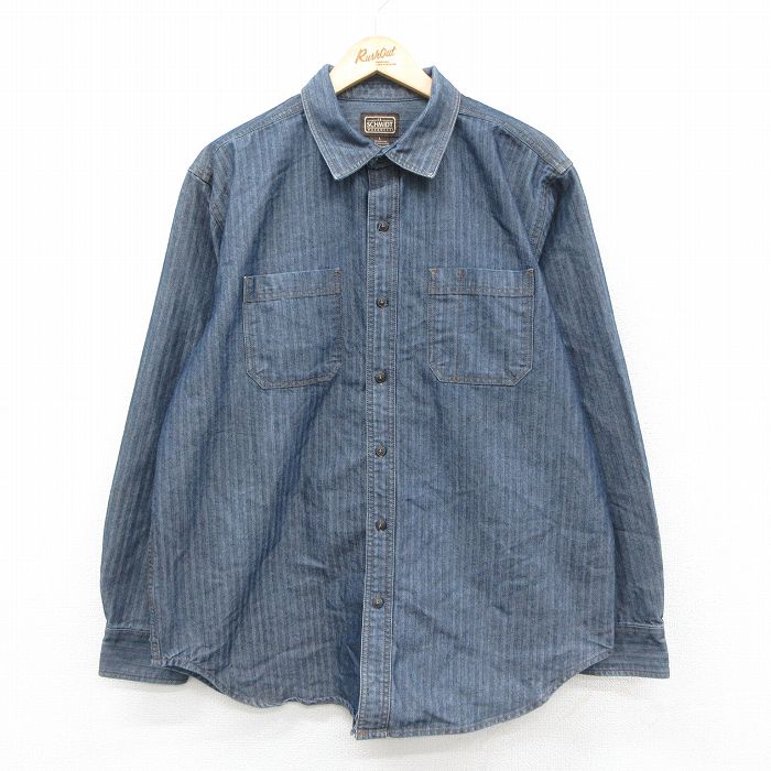 XL★古着 長袖 シャツ メンズ ツイード 紺 ネイビー 25oct21 中古 トップス