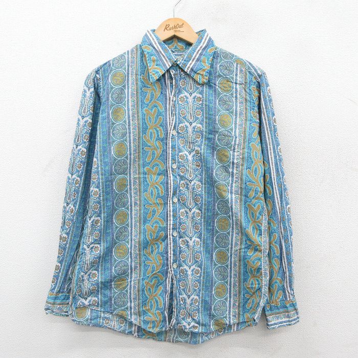 M★古着 長袖 シャツ メンズ 80年代 80s 総柄 水色他 【spe】 25oct21 中古 トップス