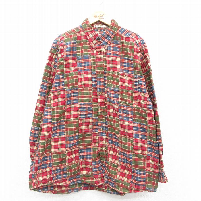 XL★古着 オービス ORVIS 長袖 シャツ メンズ 00年代 00s パッチワーク 大きいサイズ ロング丈 コットン 赤他 レッド チェック 【spe】 25oct21 中古 トップス