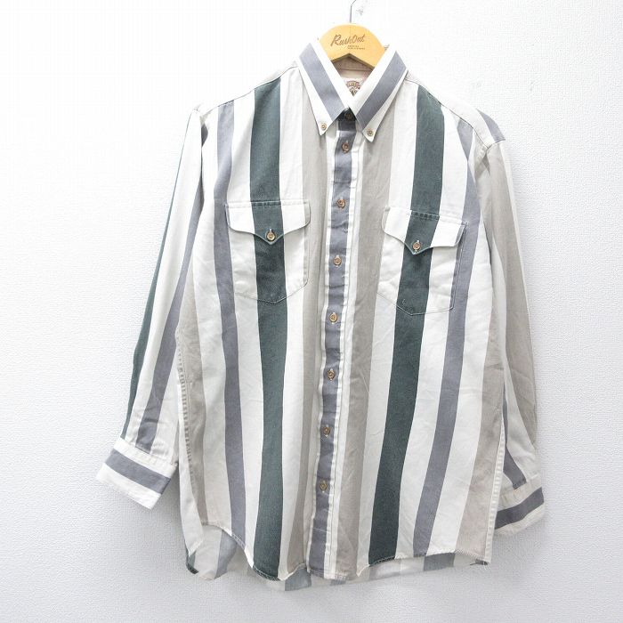 XL★古着 長袖 シャツ メンズ 90年代 90s コットン ボタンダウン 白他 ホワイト ストライプ 25oct24 中古 トップス