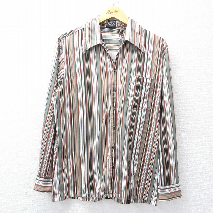 L★古着 長袖 シャツ メンズ 90年代 90s 開襟 オープンカラー 緑他 グリーン ストライプ 25oct24 中古 トップス