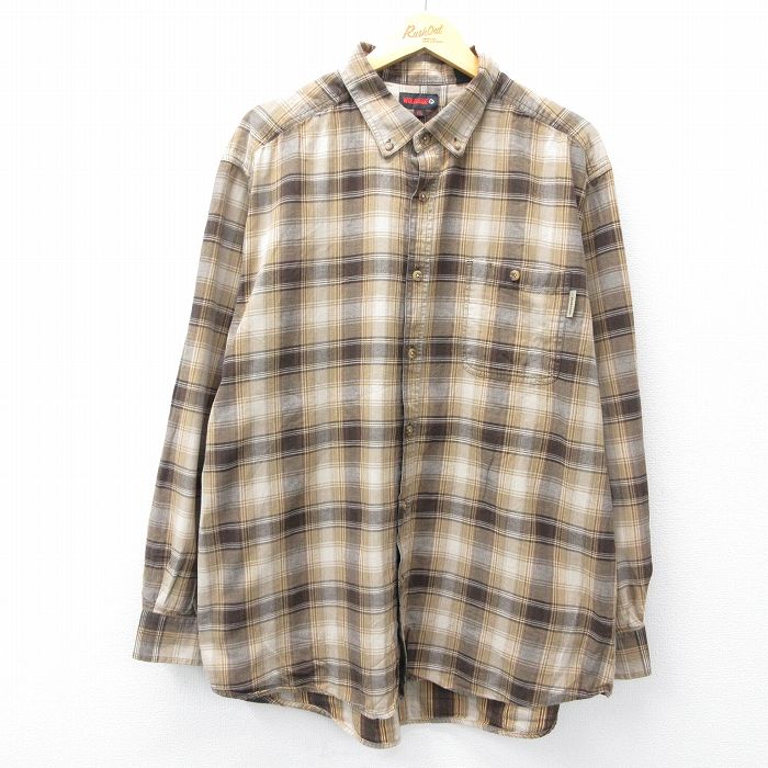 XL★古着 長袖 シャツ メンズ 大きいサイズ コットン ボタンダウン ベージュ他 カーキ チェック 25oct24 中古 トップス