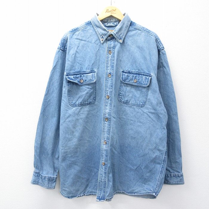 XL★古着 長袖 シャツ メンズ 大きいサイズ ロング丈 コットン ボタンダウン 紺 ネイビー デニム 【spe】 25oct24 中古 トップス