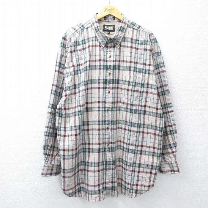 XL★古着 長袖 シャツ メンズ 大きいサイズ ロング丈 コットン ボタンダウン ベージュ他 カーキ チェック 25oct24 中古 トップス
