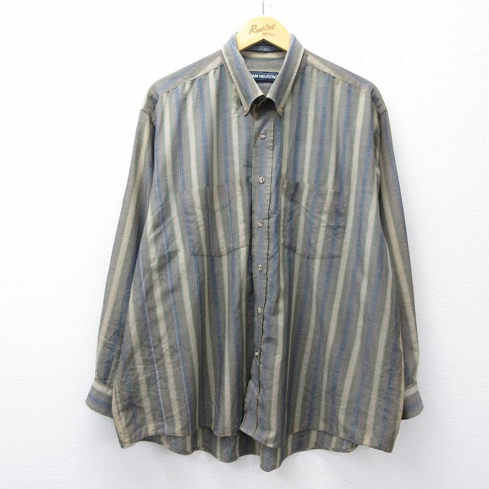 XL★古着 バンヒューセン 長袖 シャツ メンズ 90年代 90s 大きいサイズ ボタンダウン 濃緑他 グリーン ストライプ 25oct24 中古 トップス