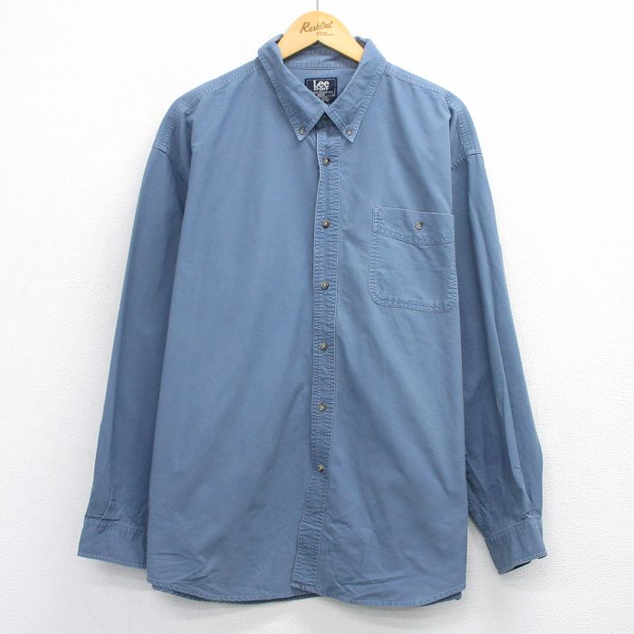 XL★古着 リー Lee 長袖 シャツ メンズ 大きいサイズ ロング丈 コットン ボタンダウン 紺系 ネイビー 25oct24 中古 トップス