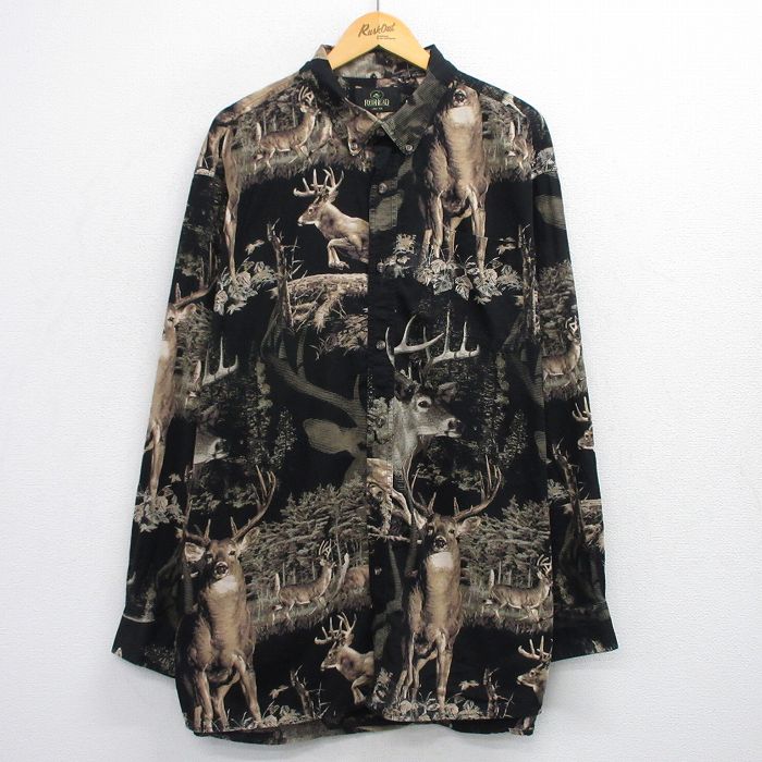 XL★古着 レッドヘッド 長袖 シャツ メンズ 00年代 00s シカ 大きいサイズ ロング丈 コットン ボタンダウン 黒他 ブラック 25oct24 中古 トップス