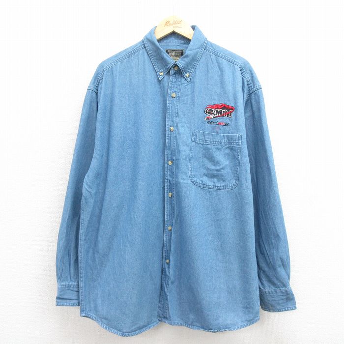 XL★古着 長袖 シャツ メンズ 車 ロング丈 コットン ボタンダウン 紺 ネイビー デニム 25oct29 中古 トップス