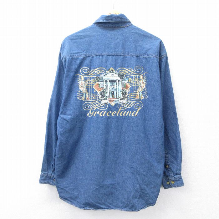L★古着 長袖 シャツ メンズ 90年代 90s graceland コットン ボタンダウン USA製 紺 ネイビー デニム 25oct30 中古 トップス