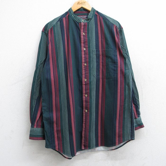 L★古着 長袖 シャツ メンズ 00年代 00s コットン ノーカラー 緑他 グリーン ストライプ 25oct31 中古 トップス