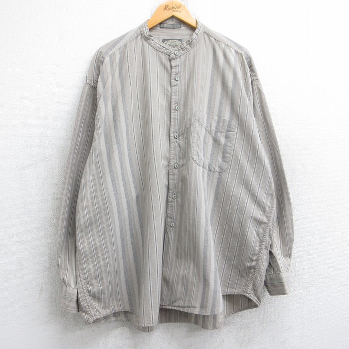 【20%OFF】XL★古着 バンヒューセン 長袖 シャツ メンズ 00年代 00s 大きいサイズ ロング丈 コットン ノーカラー ベージュ他 カーキ ストライプ 25oct31 中古 トップス