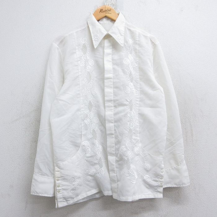 L★古着 長袖 キューバ シャツ メンズ 90年代 90s 刺繍 白 25nov13