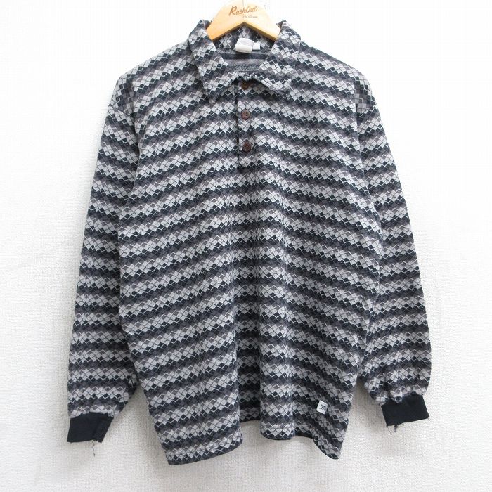 XL★古着 ハンテン 長袖 ポロ シャツ メンズ 80年代 80s 総柄 コットン USA製 グレー他【spe】 25nov13