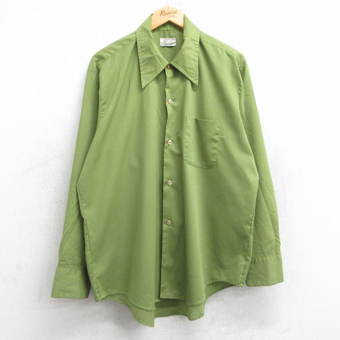 XL★古着 長袖 シャツ メンズ 70年代 70s 大きいサイズ 黄緑 25nov13