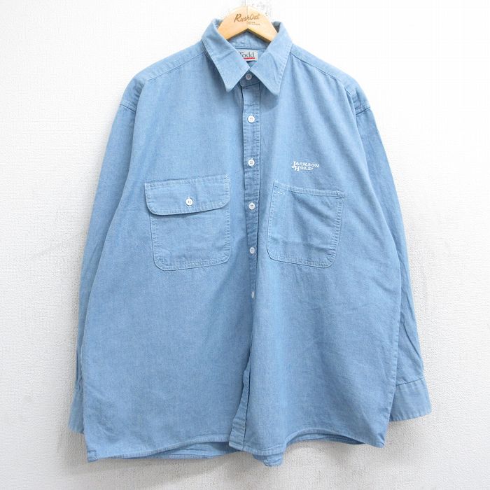 XL★古着 長袖 シャツ メンズ 90年代 90s ジャクソンホール 大きいサイズ コットン USA製 薄紺 25nov13