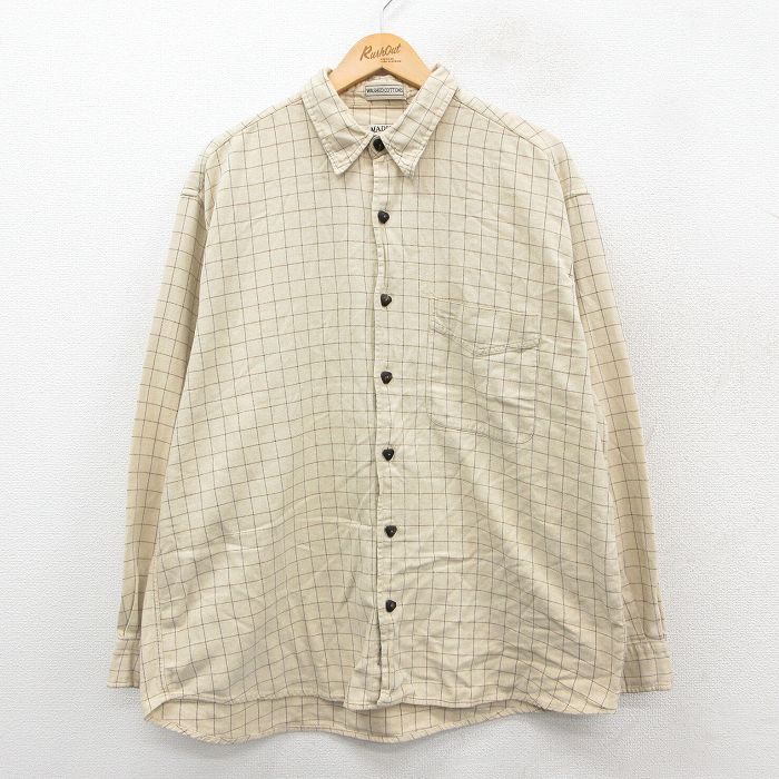 XL★古着 長袖 シャツ メンズ 90年代 90s 大きいサイズ コットン ベージュ他 チェック 25nov14