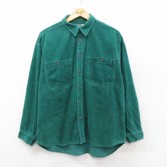 XL★古着 長袖 シャツ メンズ 90年代 90s コーデュロイ 太畝 コットン 緑 25nov14