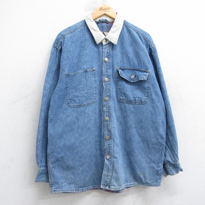 アリゾナジーンズ 90s 長袖シャツ 襟コーデュロイ ネイビー L | 古着