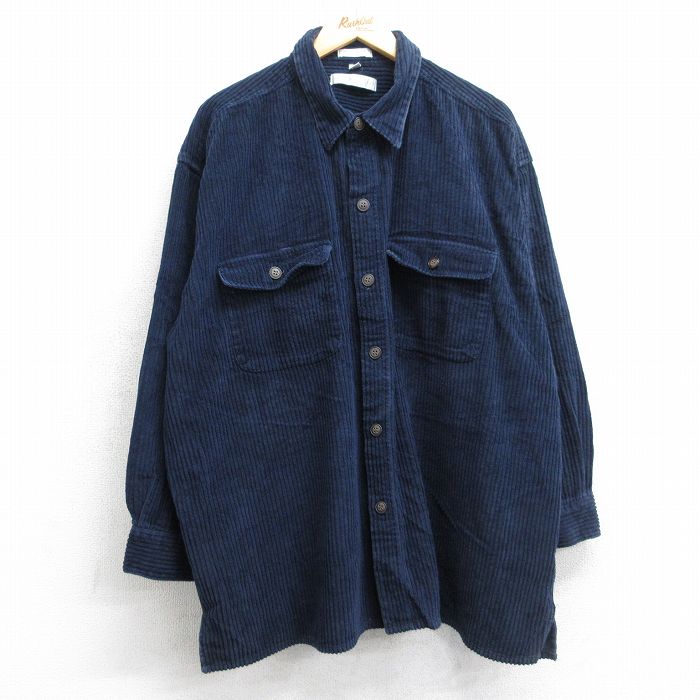 XL★古着 長袖 シャツ メンズ 00年代 00s コーデュロイ 太畝 大きいサイズ コットン 紺【spe】 25nov15