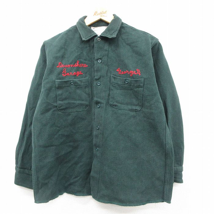 M★古着 長袖 シャツ メンズ 80年代 80s Firestone 刺繍 緑【spe】 25nov17