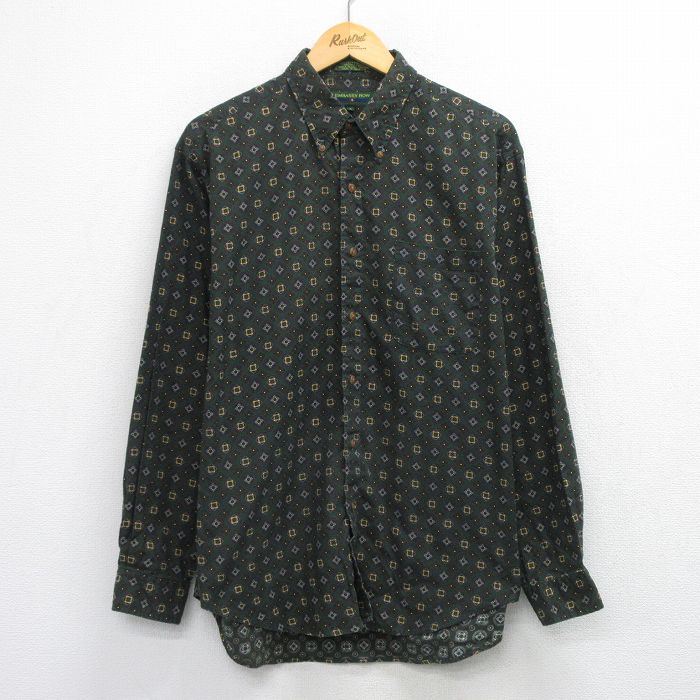 XL★古着 長袖 シャツ メンズ 総柄 コットン ボタンダウン 緑他 25nov17