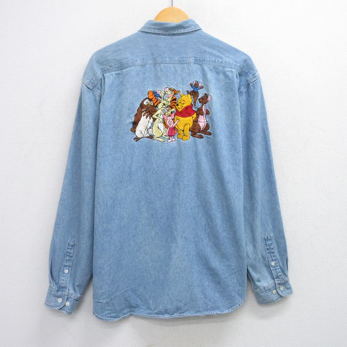 ディズニー 00s 長袖シャツ くまのプーさん刺繍 ネイビー XL | 古着