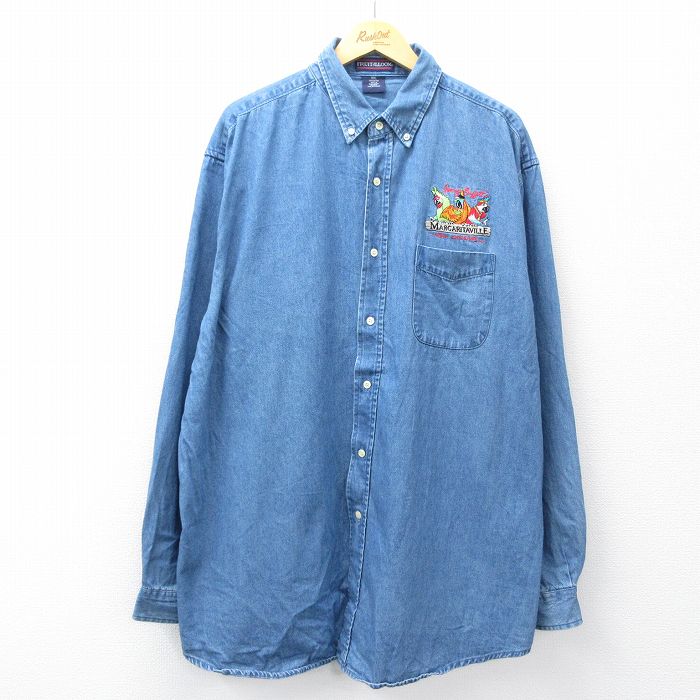 XL★古着 長袖 シャツ メンズ ジミーバフェット 大きいサイズ ロング丈 コットン ボタンダウン 紺 デニム 25nov19