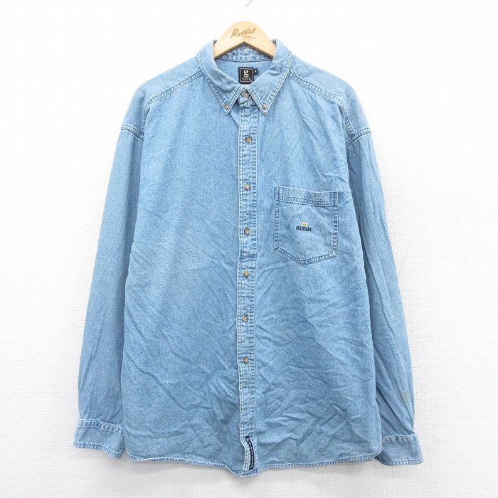 XL★古着 長袖 シャツ メンズ 00年代 00s ミシガン 大きいサイズ ロング丈 コットン ボタンダウン 紺 デニム 25nov19