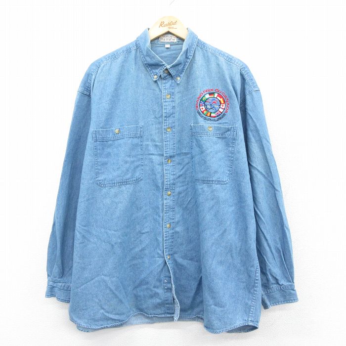 XL★古着 長袖 シャツ メンズ 90年代 90s 国旗 カナダ 大きいサイズ ロング丈 コットン ボタンダウン 紺 デニム 25nov19